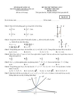 Đề thi thử Tốt nghiệp THPT môn Toán - Mã đề 233 - Lần 2 - Năm học 2020-2021 - Trường THPT chuyên Long An (Có đáp án)